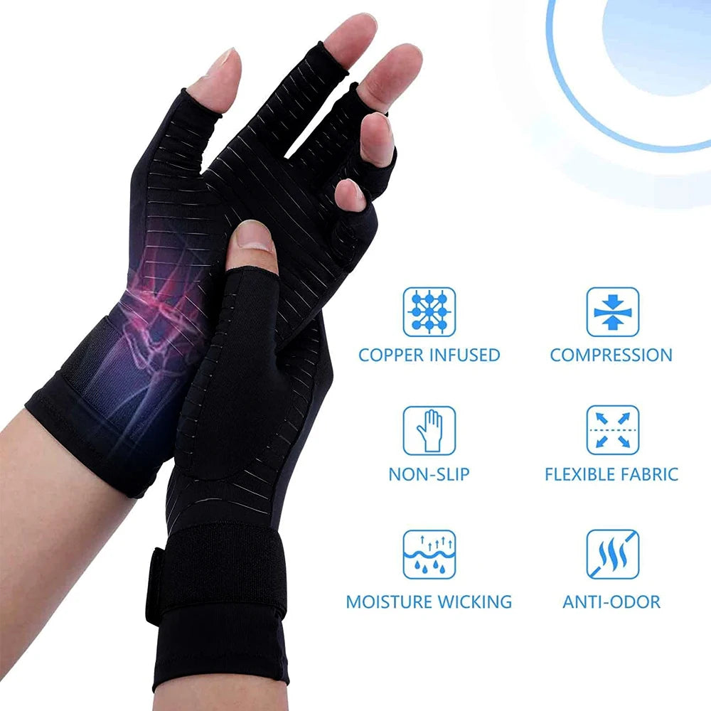 1 Pair Copper Arthritis Compression Gloves Women Men Relieve Hand Pain Swelling and Carpal Tunnel Fingerless for Typing
